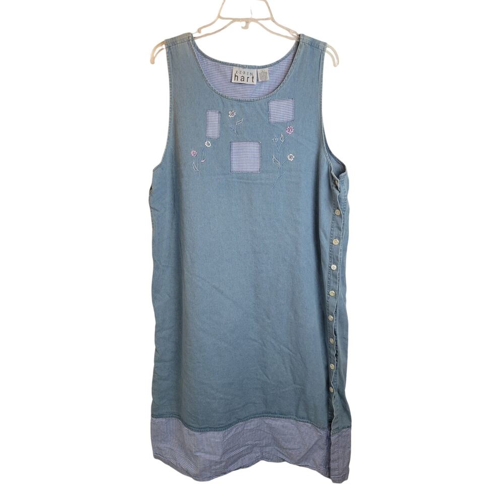Keren Hart Dress Jumper Size Large Blue‎ Denim Gingham Base Patched Sleeveless